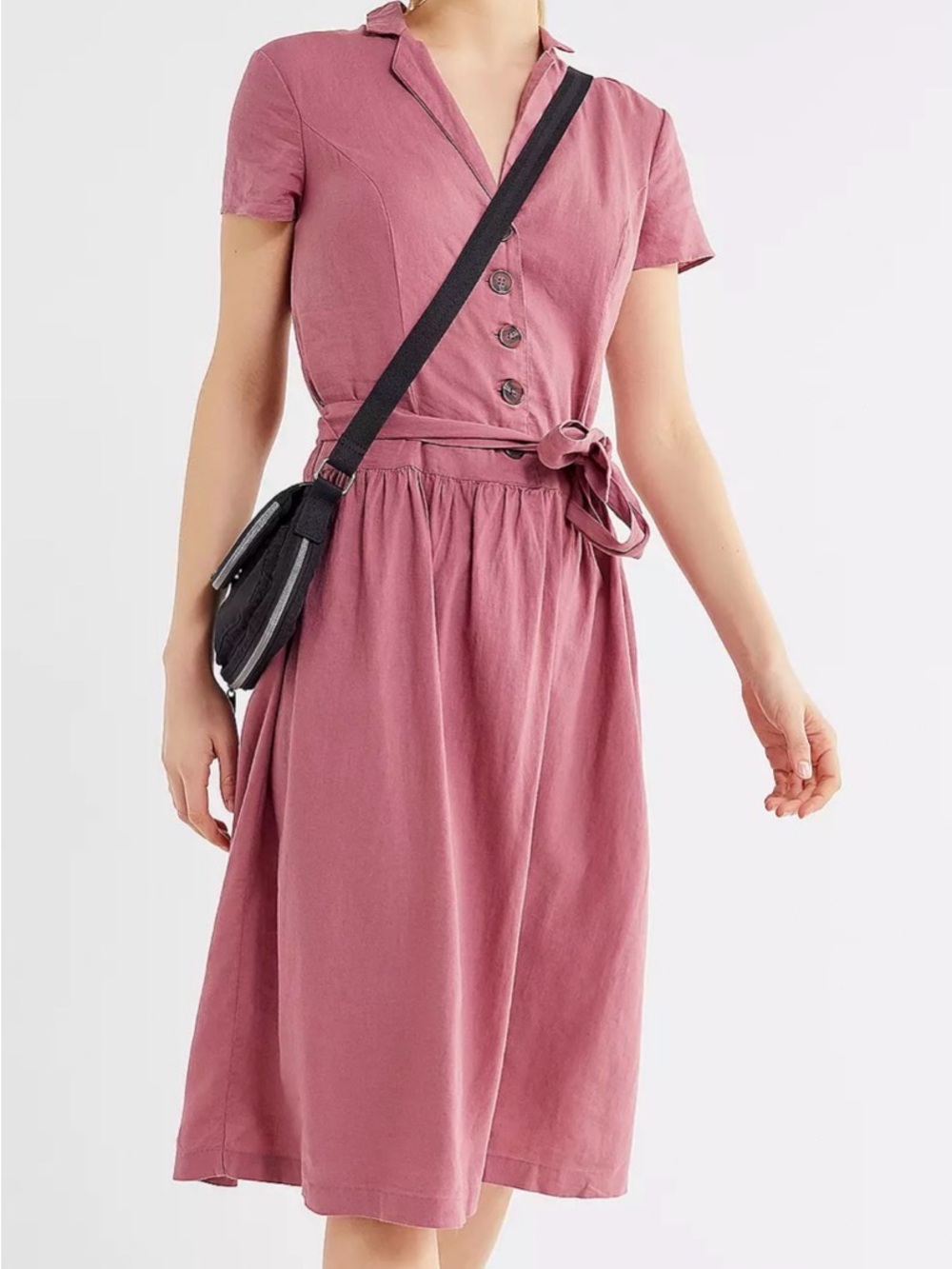 NWT Urban Outfitters Natalie Linen Blend Belted Shirt Dress Cottagecore Womens S